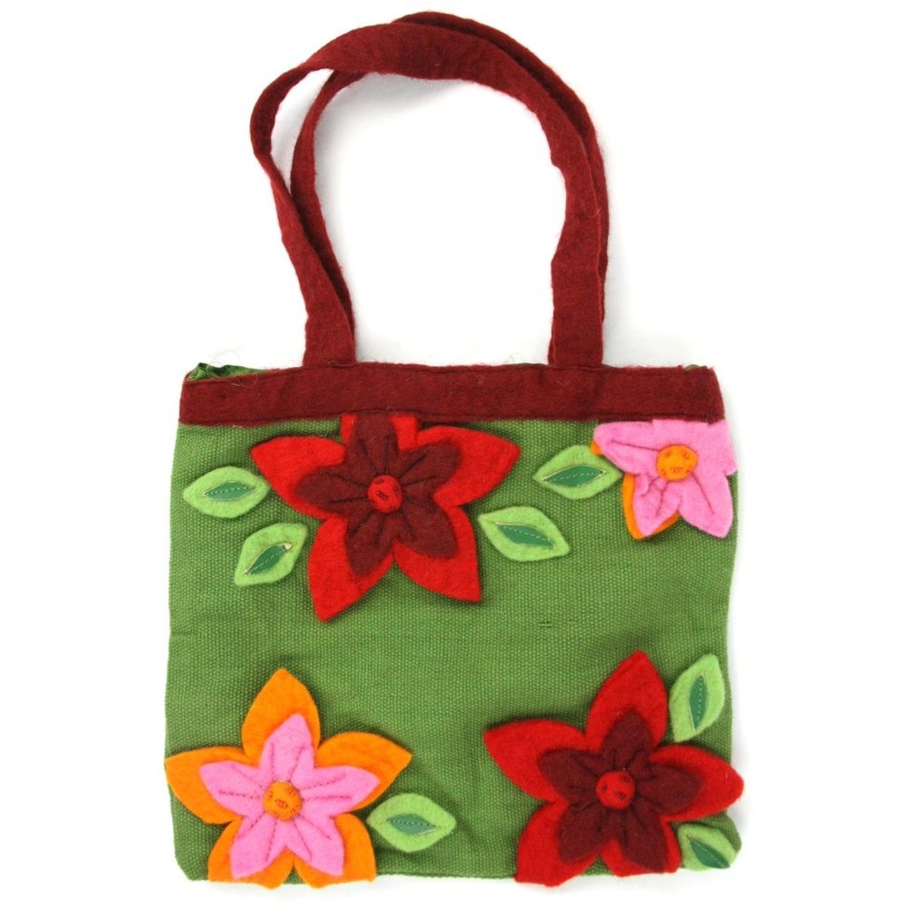 Rising Tide Felt Flowers Canvas Purse Handbag Shoulder Bag Small Tote Green